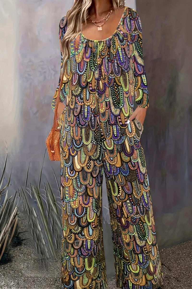 Combinaisons décontractées à col en U, imprimé basique, coupe standard (3 couleurs)