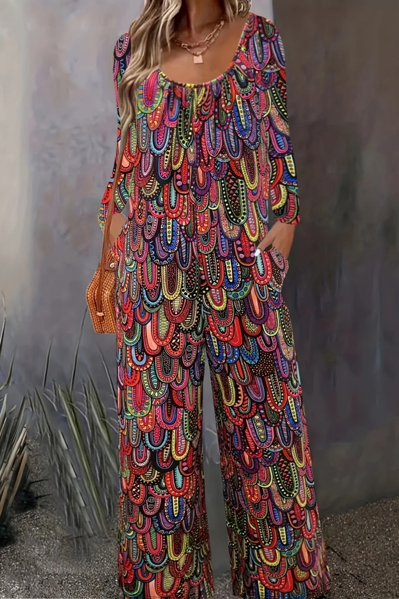 Combinaisons décontractées à col en U, imprimé basique, coupe standard (3 couleurs)