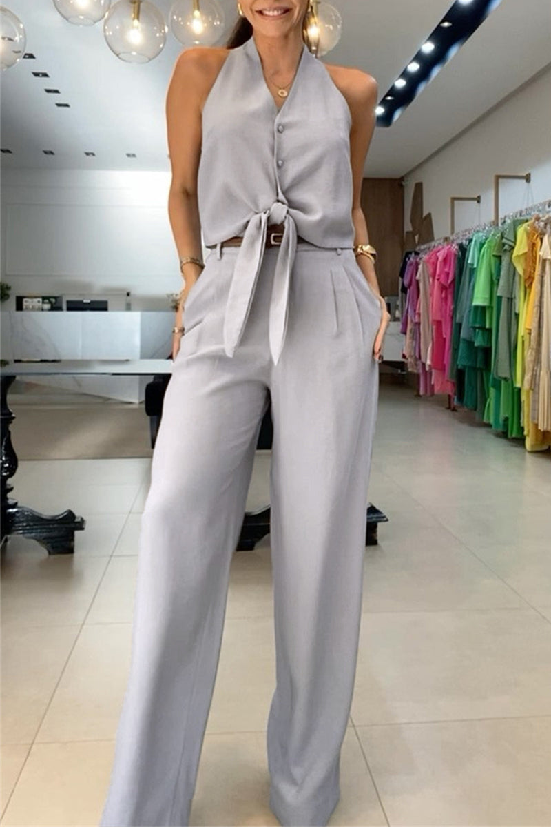 Ensemble deux pièces décontracté style britannique, col en V, sans manches, avec poche et fente.