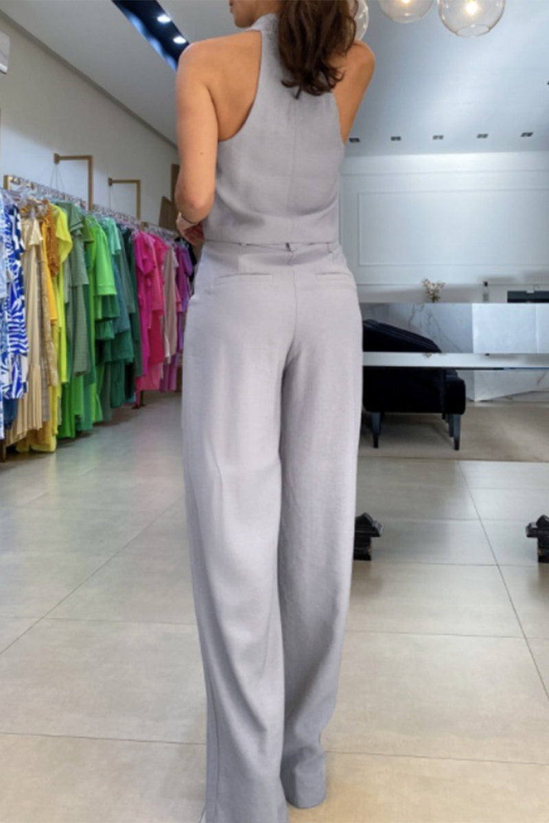 Ensemble deux pièces décontracté style britannique, col en V, sans manches, avec poche et fente.