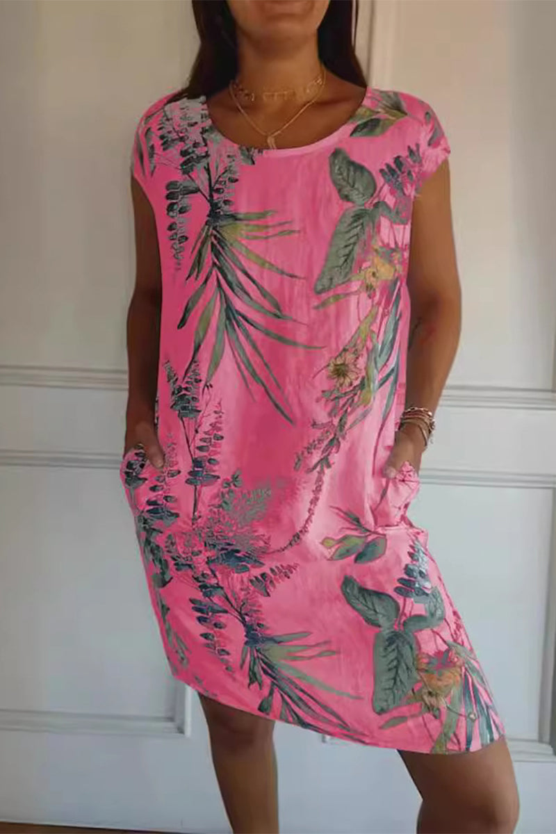 Robes imprimées décontractées à col rond et poches, motifs floraux