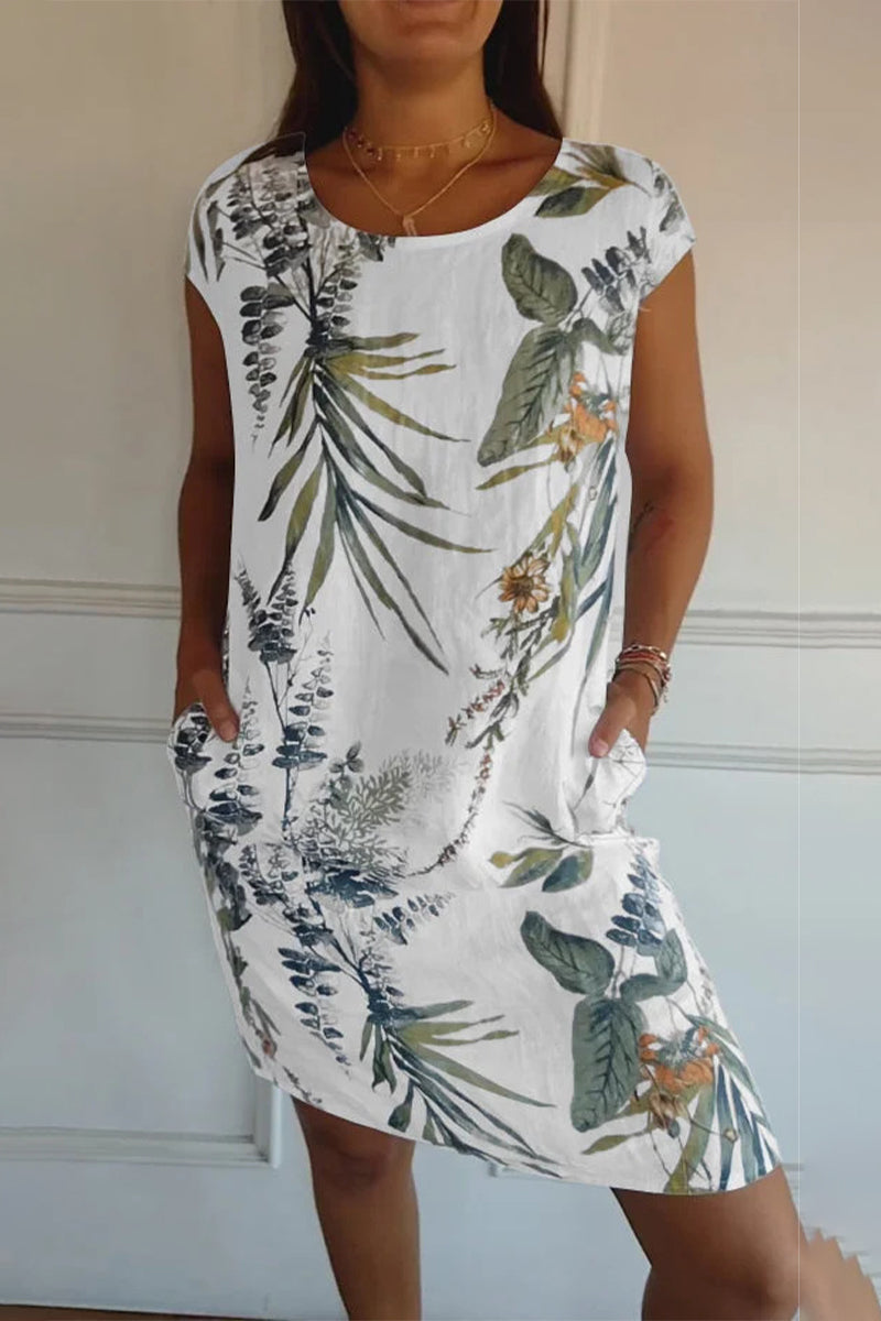 Robes imprimées décontractées à col rond et poches, motifs floraux