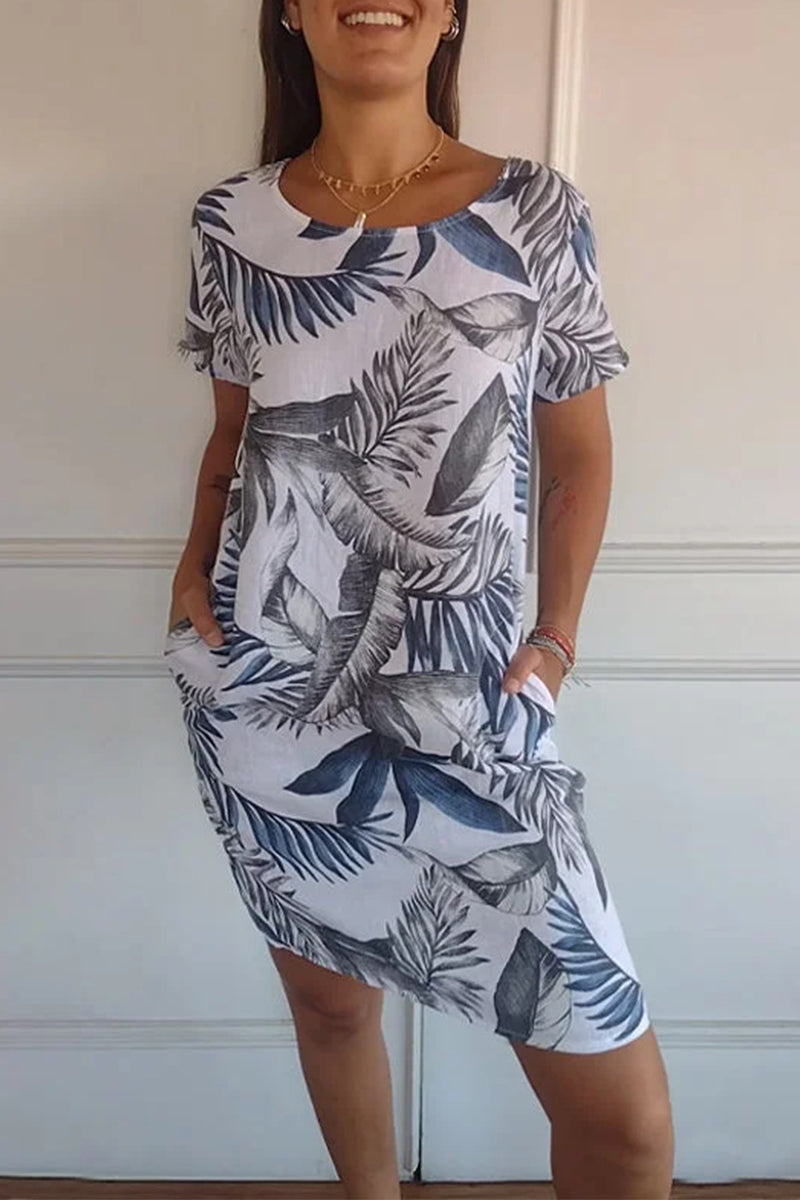 Robes imprimées décontractées à col rond et poches, motifs floraux