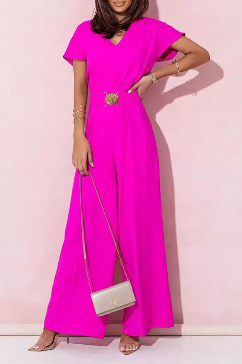 Combinaisons amples décontractées à col en V, décorées d'accessoires métalliques.