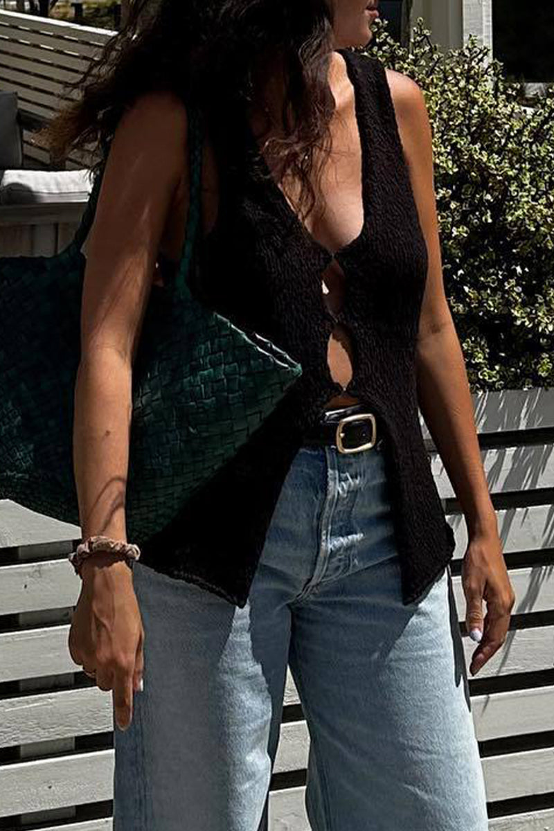 Hauts décontractés à col en V, style britannique, unis et ajourés.