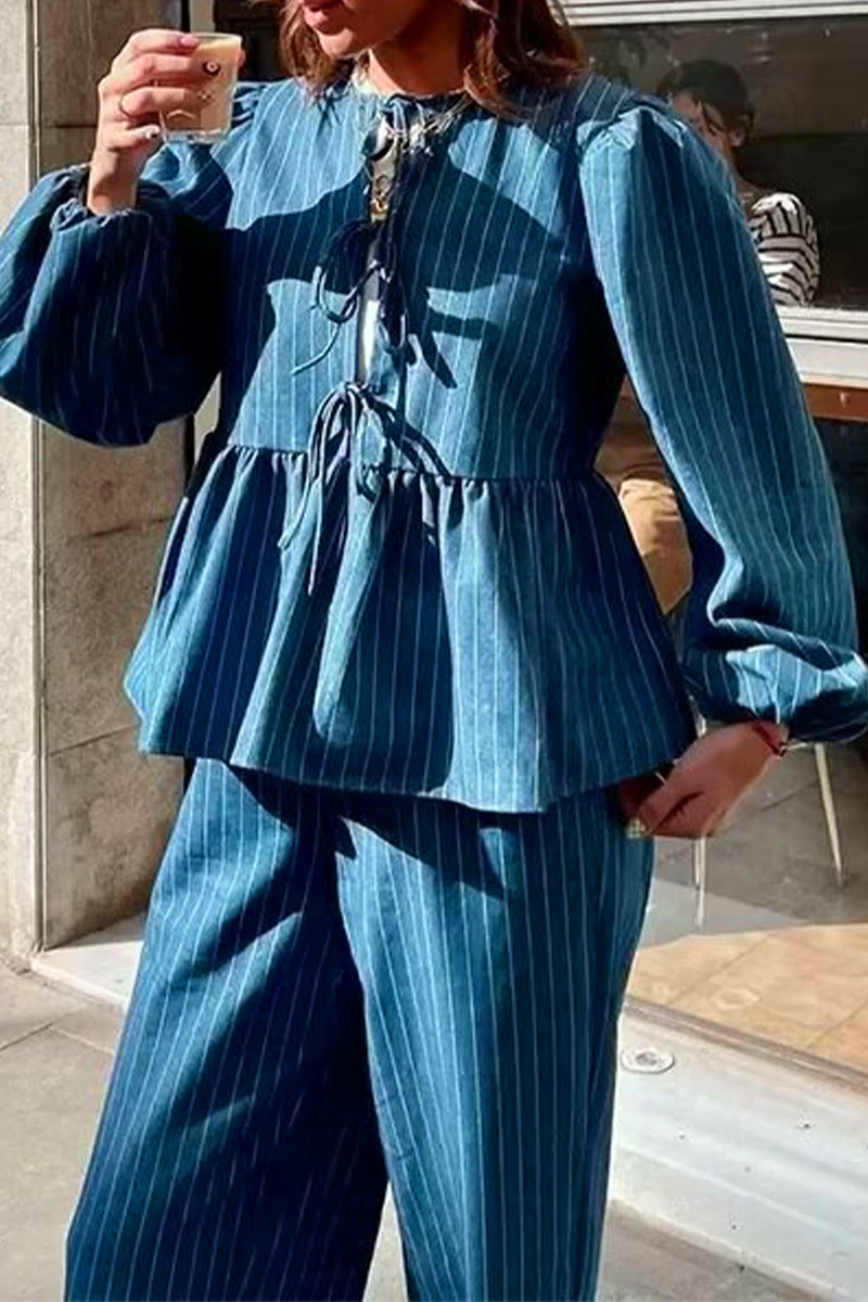 Casual Vintage Striped Frenulum O Neck Tops