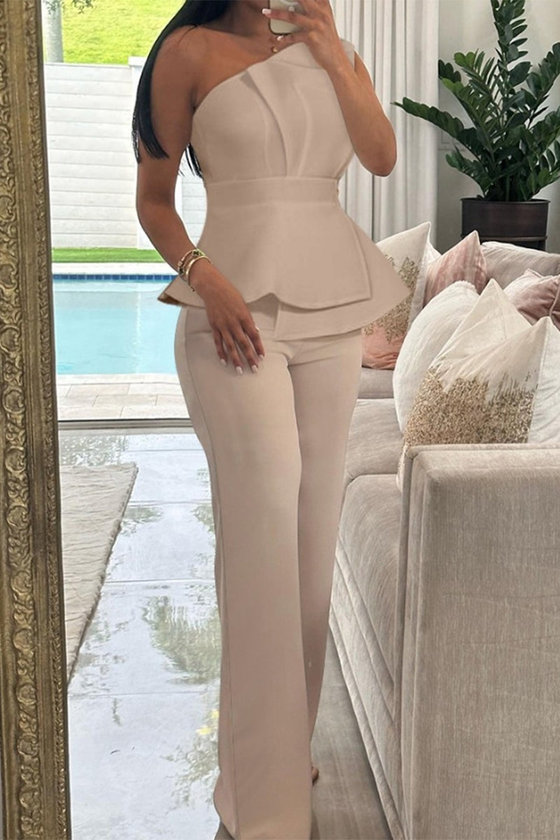 Ensemble deux pièces décontracté, style britannique, uni, à col asymétrique et plissé, sans manches.