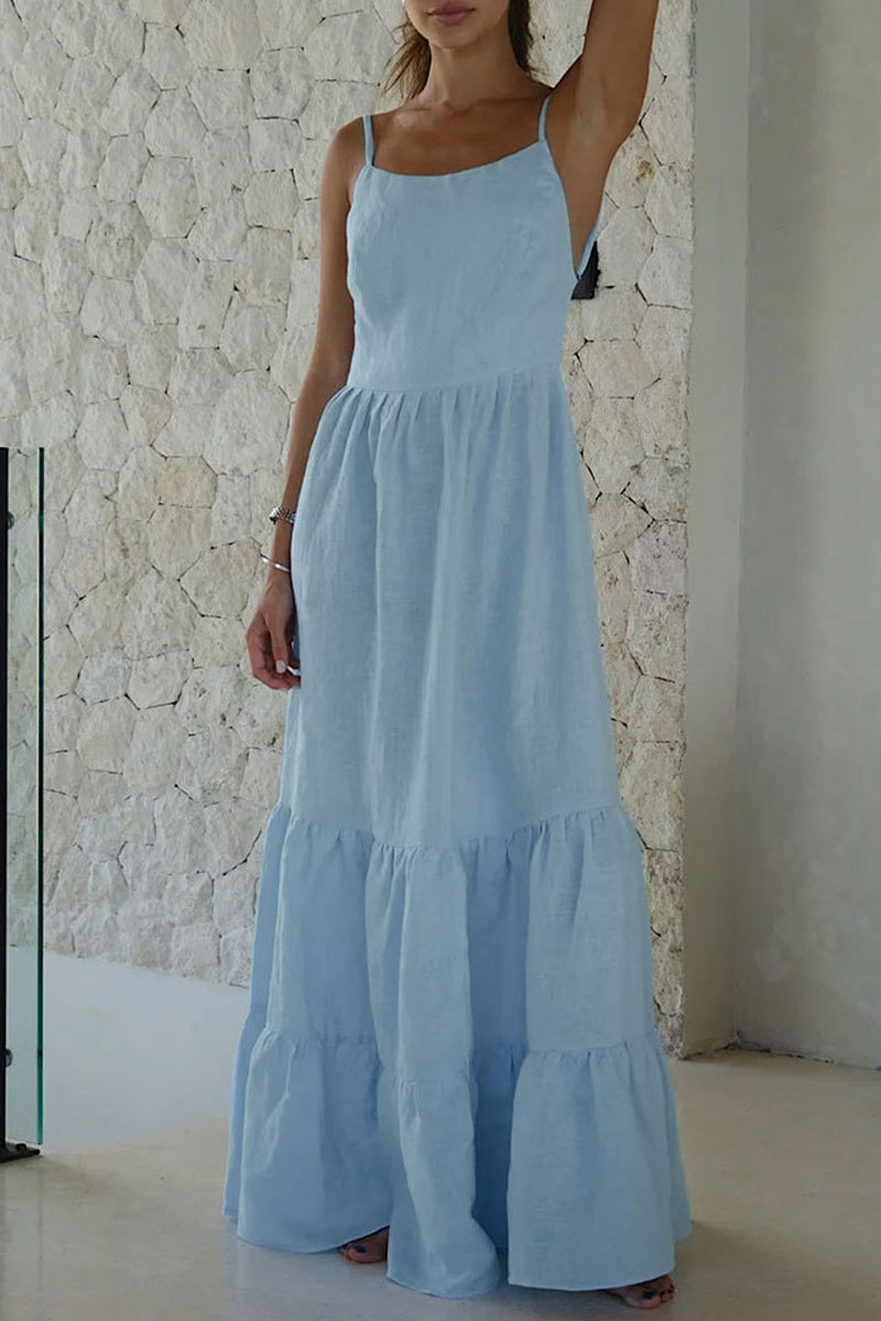 Robes sexy de vacances, dos nu, col en U, jupe trapèze, couleur unie.