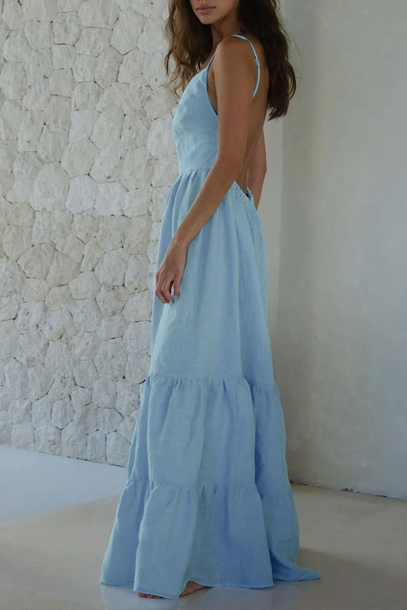 Robes sexy de vacances, dos nu, col en U, jupe trapèze, couleur unie.