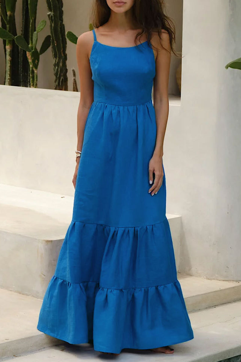 Robes sexy de vacances, dos nu, col en U, jupe trapèze, couleur unie.