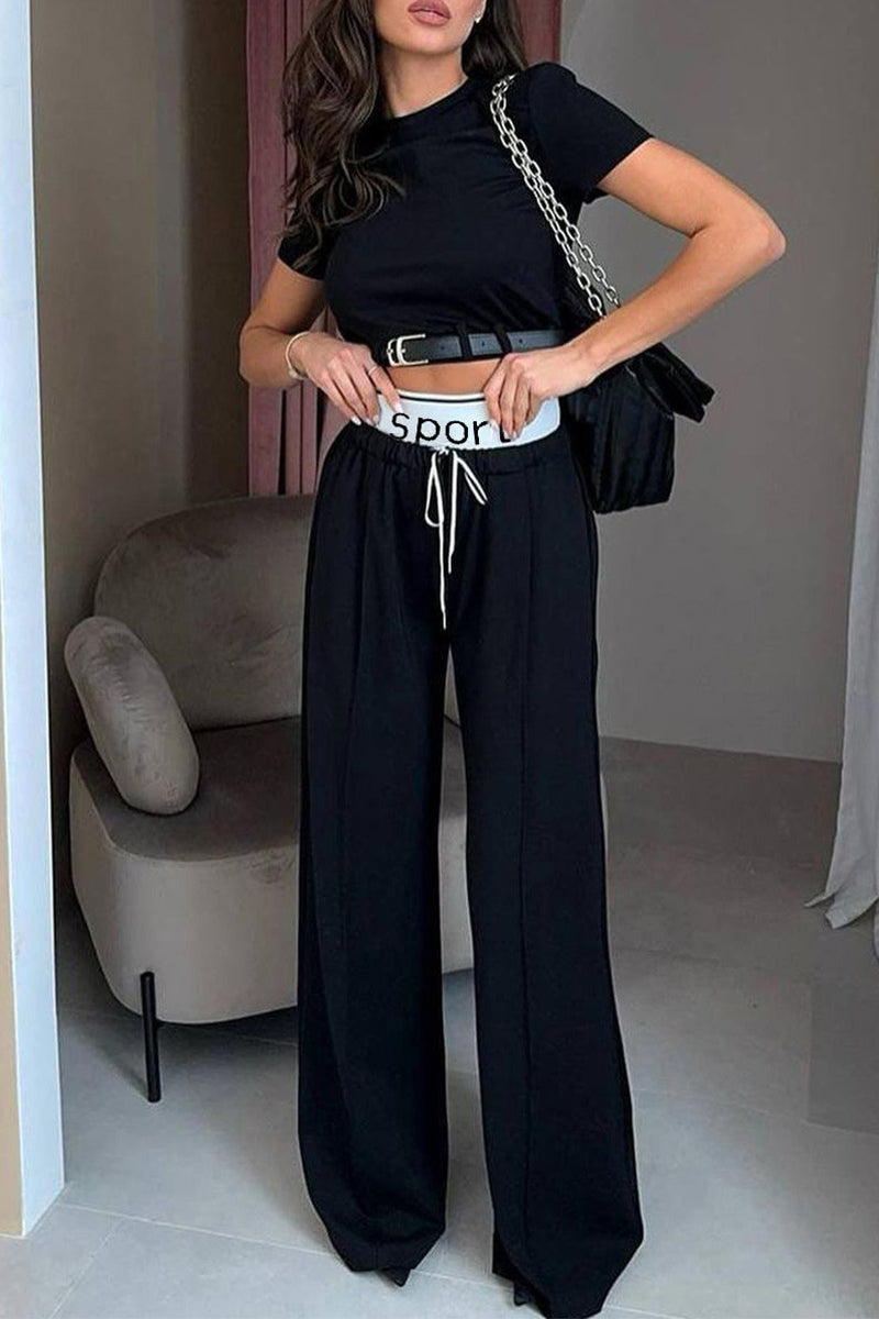 Ensemble deux pièces décontracté style britannique, uni, avec cordon de serrage et ceinture, col rond, manches courtes.