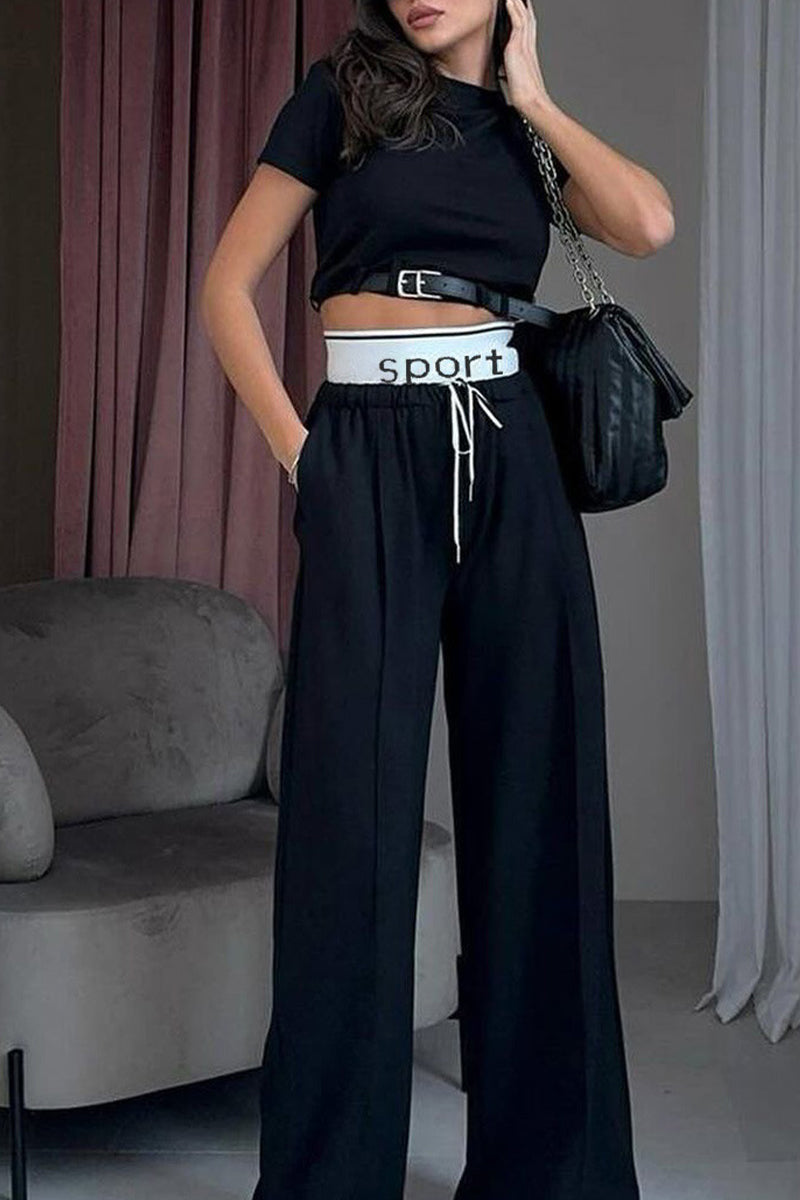 Ensemble deux pièces décontracté style britannique, uni, avec cordon de serrage et ceinture, col rond, manches courtes.