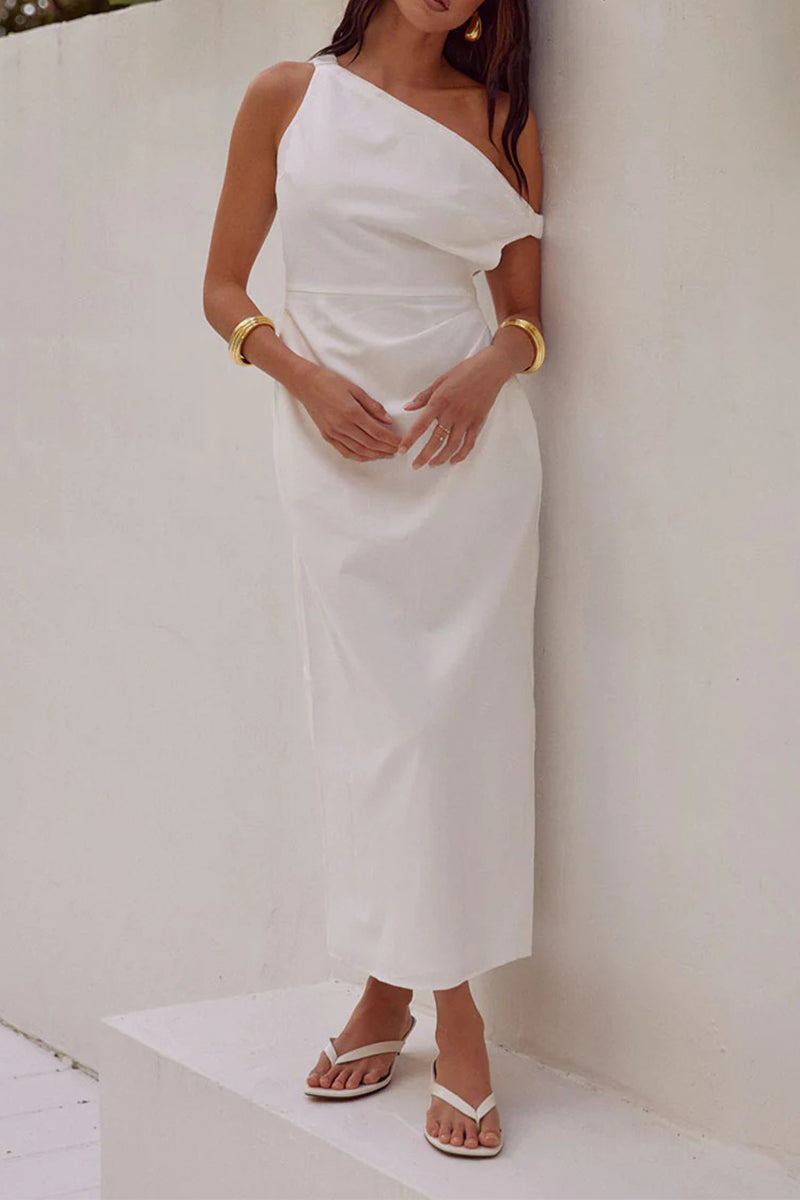 Sexy Solid Asymmetrical Oblique Collar One Step Skirt Dresses