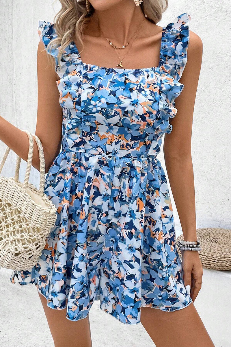 Jupe-pantalon ample élégante à col carré, dos nu, avec motif floral et volant (4 couleurs)