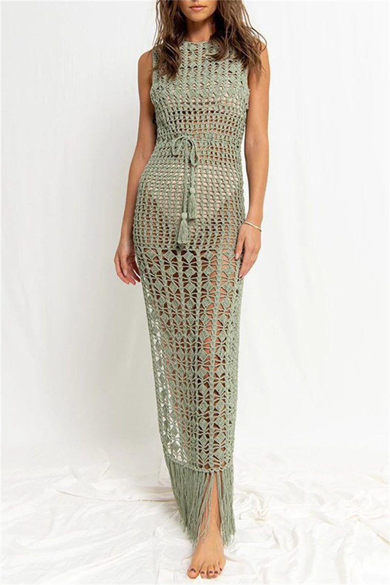 Robes de plage décontractées, unies, à pompons, ajourées, transparentes, à fente, avec col rond.