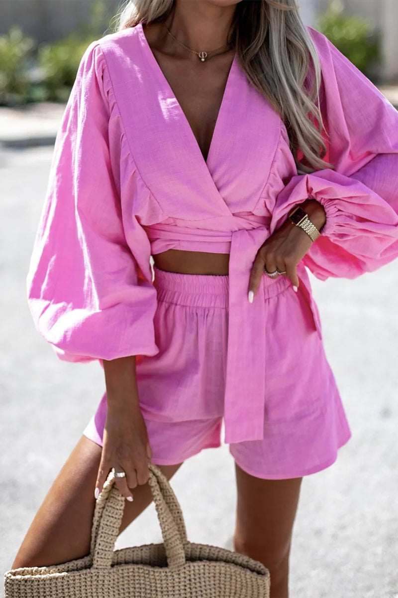 Ensemble deux pièces à manches longues, col en V, pli de frénulum uni, doux (3 couleurs)