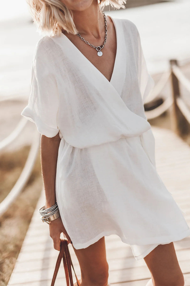 Robes A-line simples et décontractées, sans motif, avec poches et col en V.