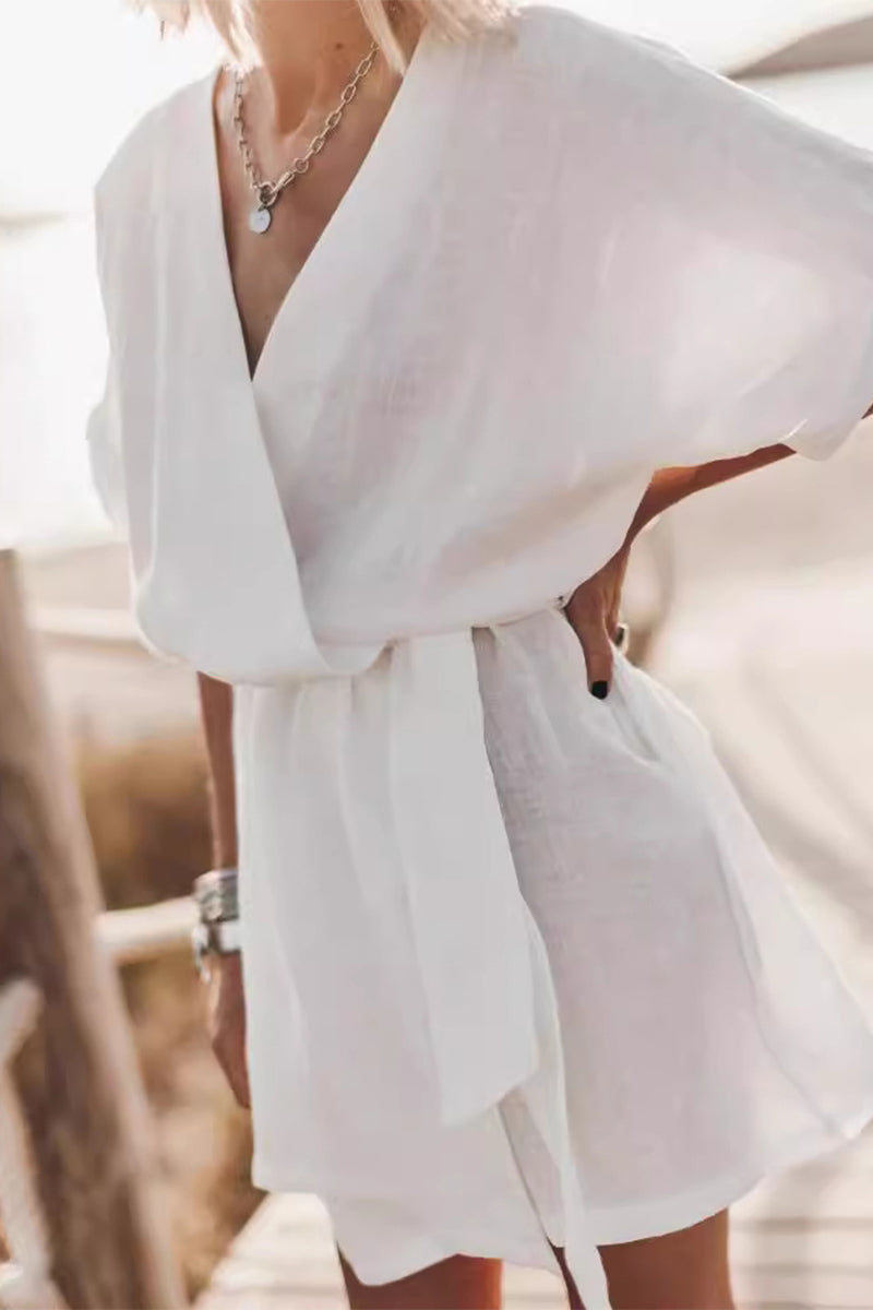 Robes A-line simples et décontractées, sans motif, avec poches et col en V.