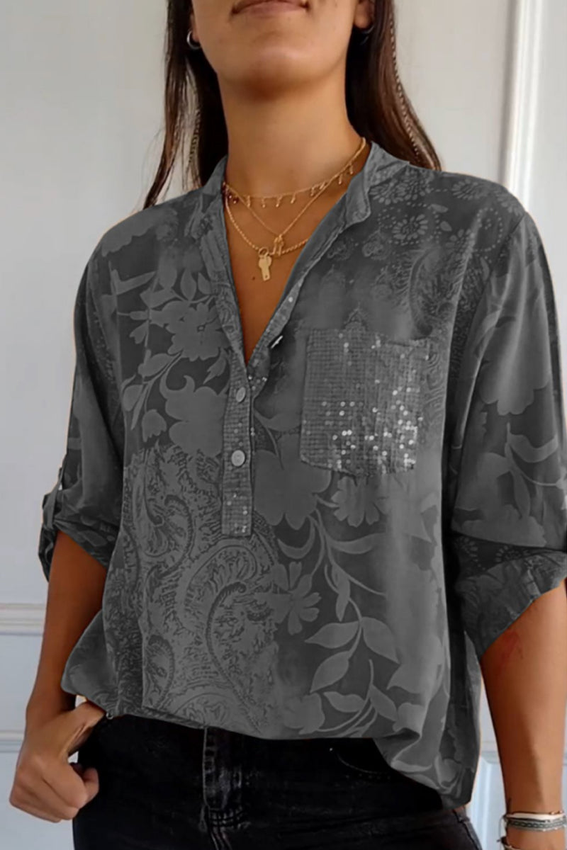 Floral Pocket Contrast Mandarin Collar Blouses(10 Colors) Grey