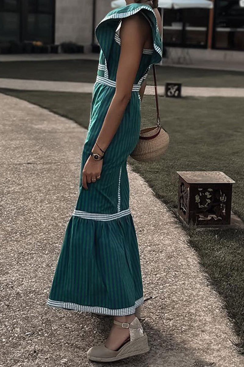 Robes A-line décontractées et élégantes, à carreaux, patchwork, col carré et volant (3 couleurs)