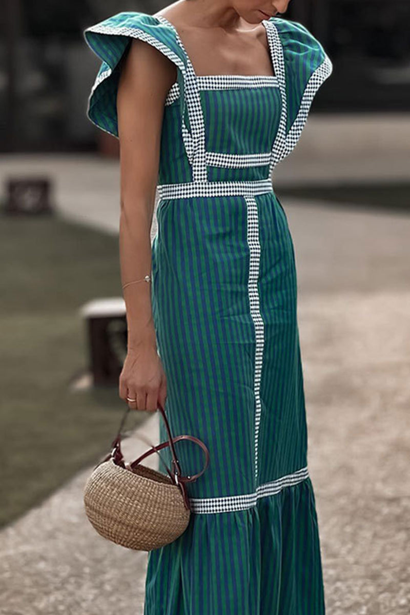 Robes A-line décontractées et élégantes, à carreaux, patchwork, col carré et volant (3 couleurs)