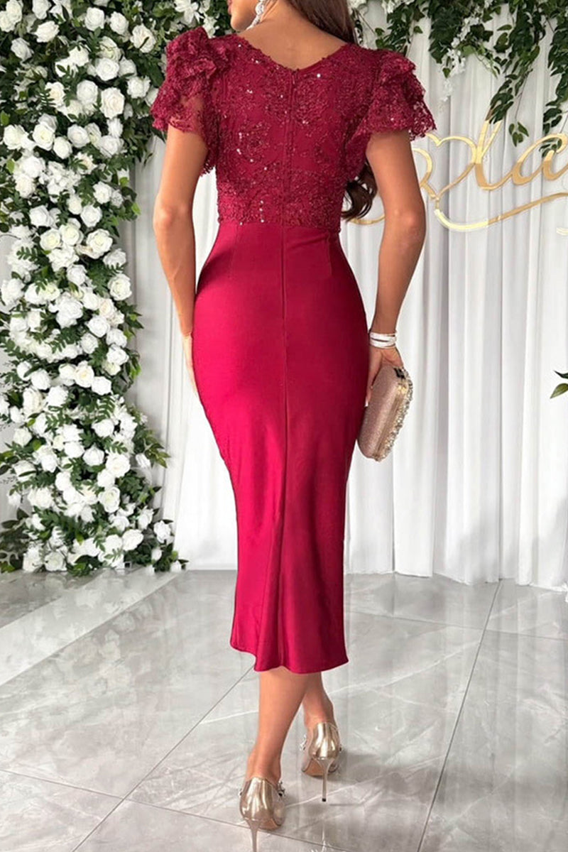 Robes-jupes élégantes pour célébrités, en sequins unis, avec col en V, drapées et nouées.