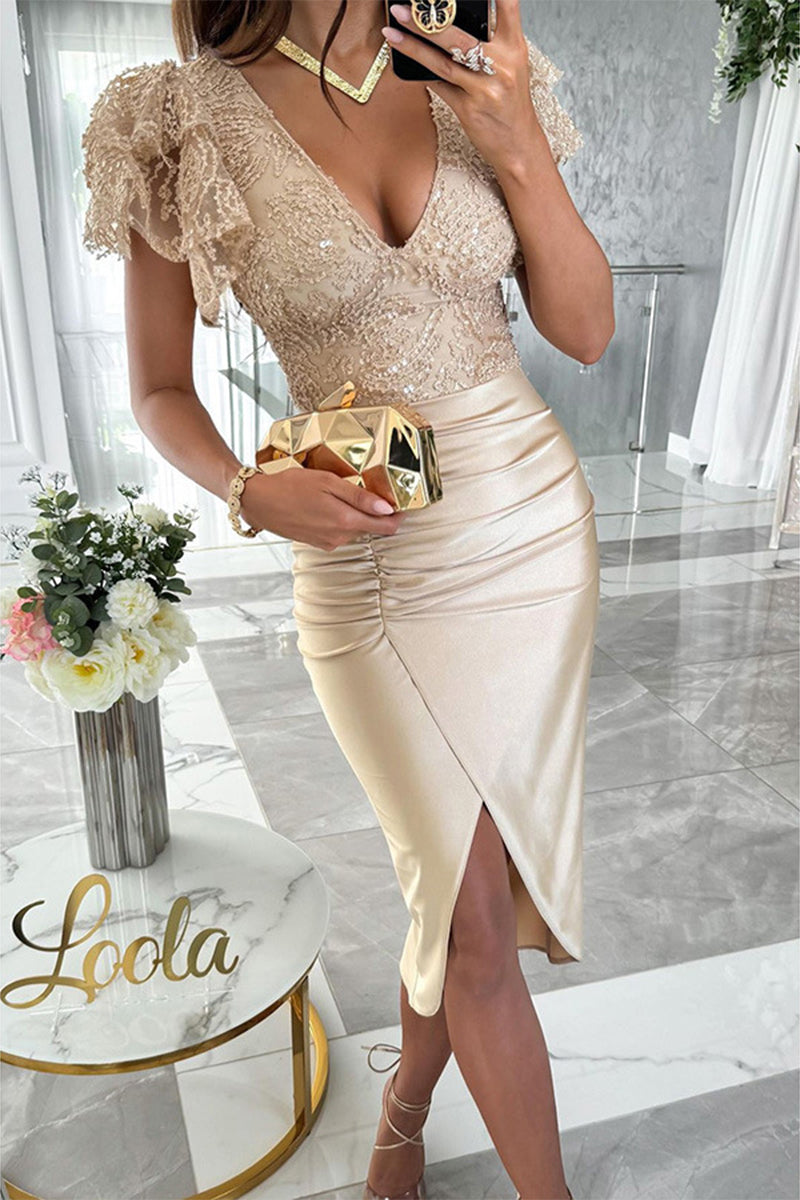 Robes-jupes élégantes pour célébrités, en sequins unis, avec col en V, drapées et nouées.