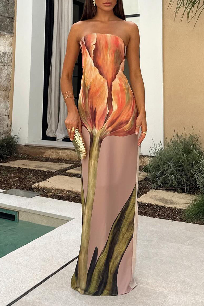 Robe-jupe décontractée à fleurs, fendue, à fermeture éclair, sans bretelles, en une seule pièce.