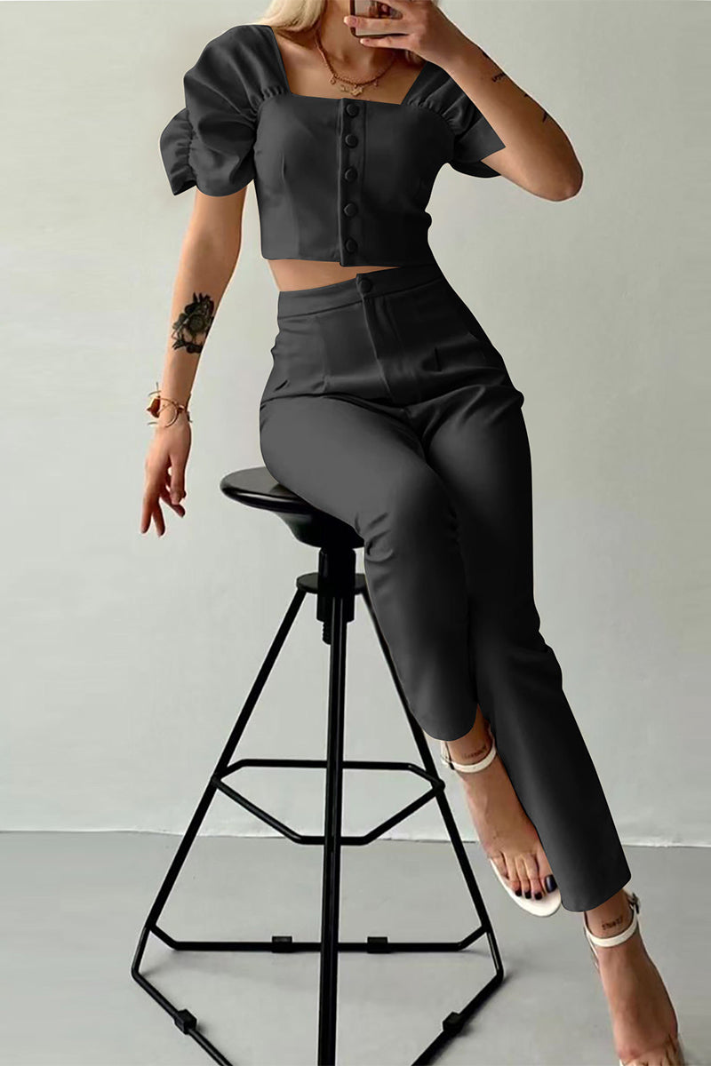 Ensemble deux pièces décontracté style britannique, boutons, col carré, manches courtes (7 couleurs)