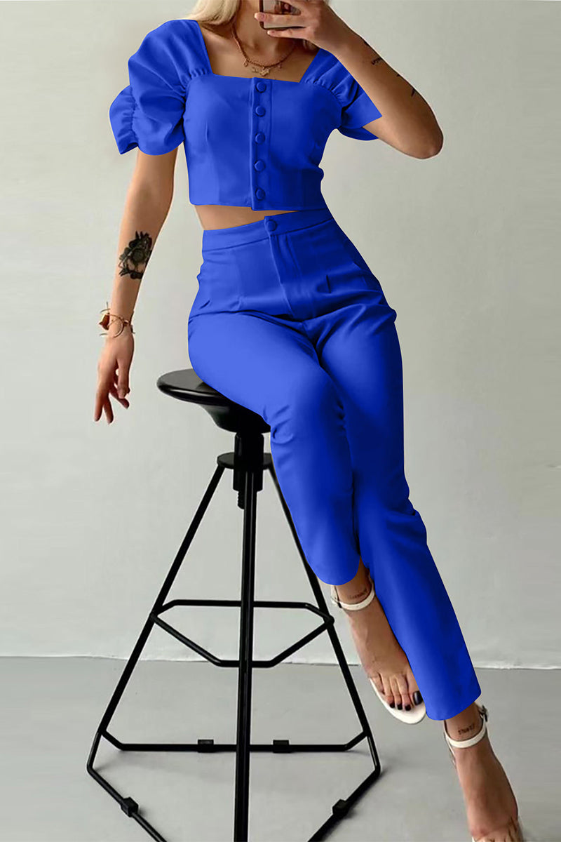 Ensemble deux pièces décontracté style britannique, boutons, col carré, manches courtes (7 couleurs)