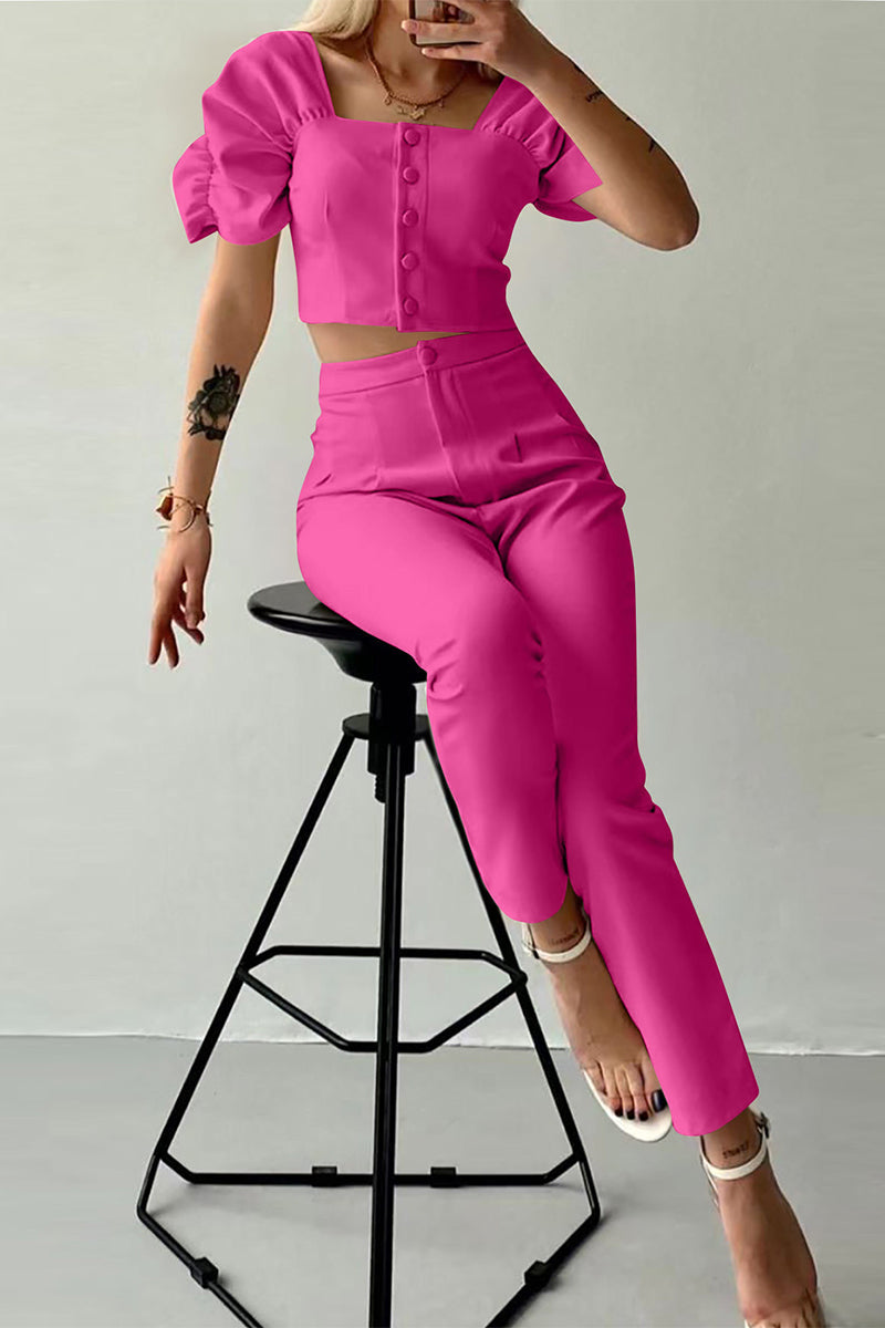 Ensemble deux pièces décontracté style britannique, boutons, col carré, manches courtes (7 couleurs)