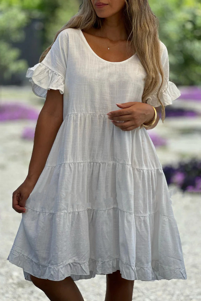 Robe A-line à manches courtes, col rond, ample et uni, style décontracté (3 couleurs)