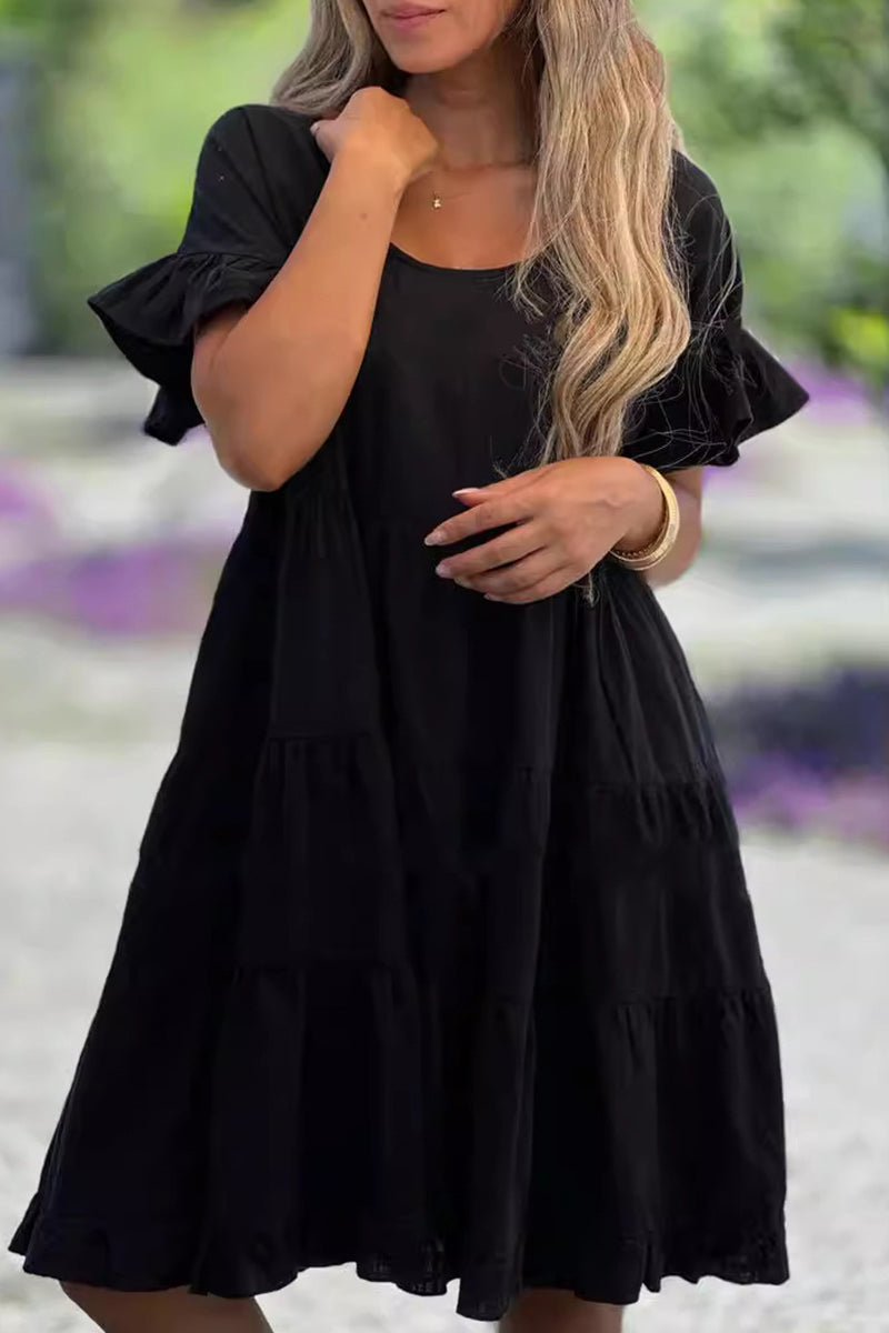 Robe A-line à manches courtes, col rond, ample et uni, style décontracté (3 couleurs)