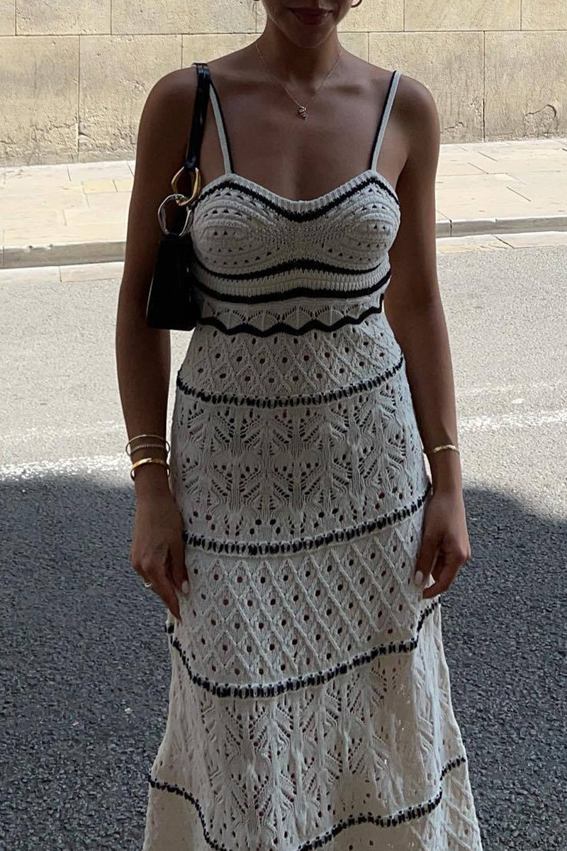 Robes-jupes longues à col en V, en tissu uni, ajourées, à contraste de tissage, sexy.