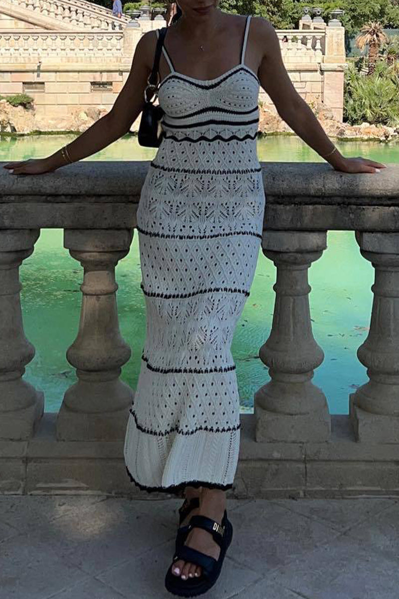 Robes-jupes longues à col en V, en tissu uni, ajourées, à contraste de tissage, sexy.