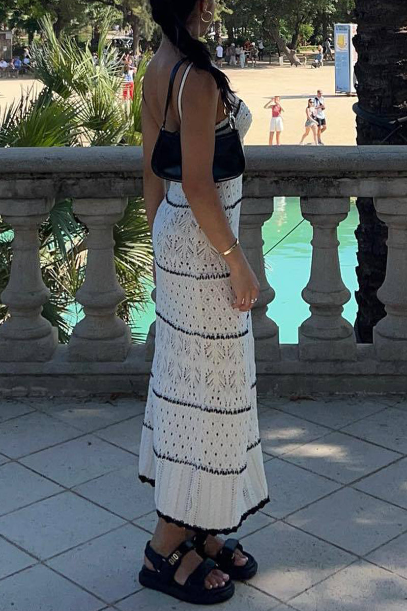 Robes-jupes longues à col en V, en tissu uni, ajourées, à contraste de tissage, sexy.