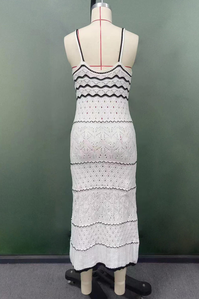 Robes-jupes longues à col en V, en tissu uni, ajourées, à contraste de tissage, sexy.