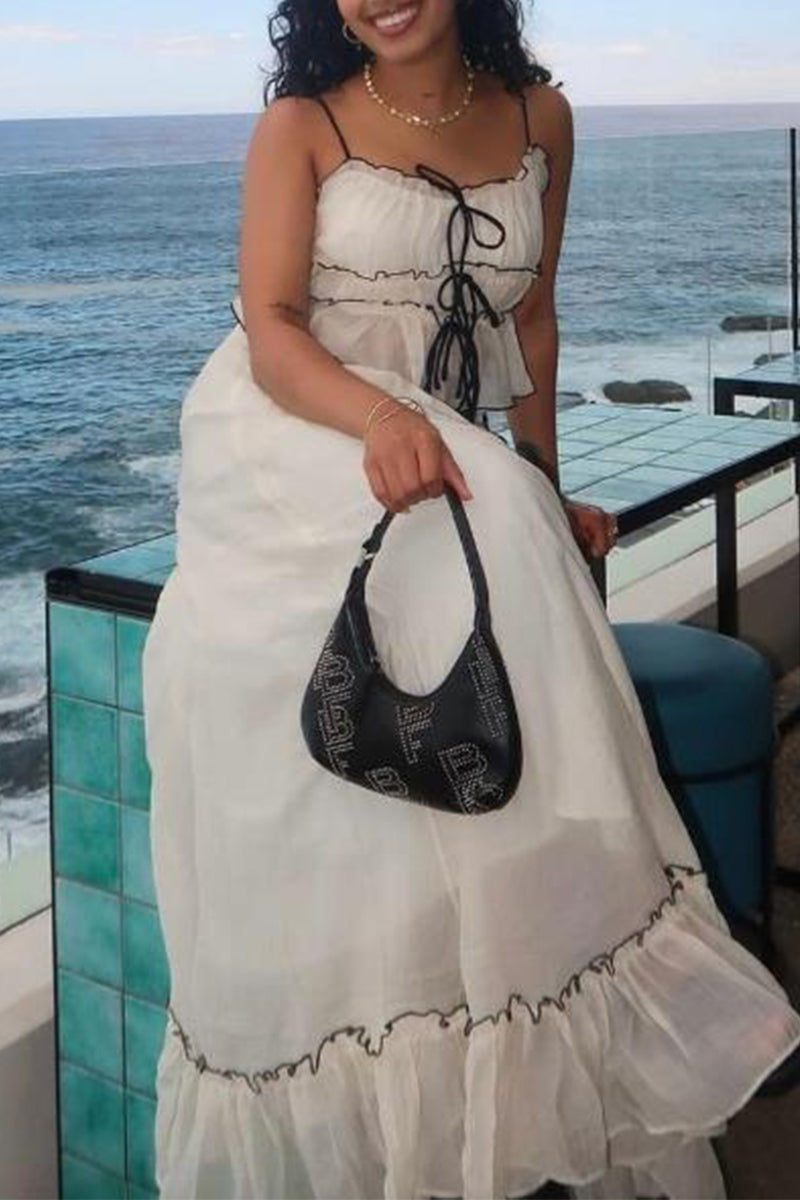 Ensemble deux pièces, élégant et doux, uni, avec pliage et nœud, décolleté en U, sans manches.