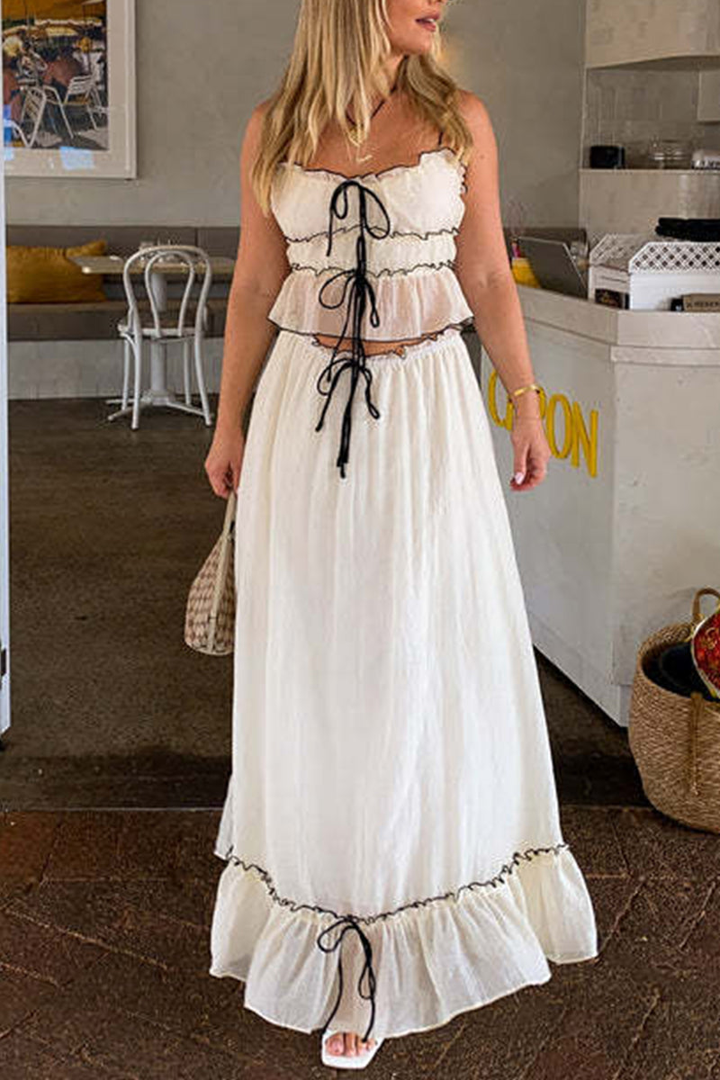 Ensemble deux pièces, élégant et doux, uni, avec pliage et nœud, décolleté en U, sans manches.