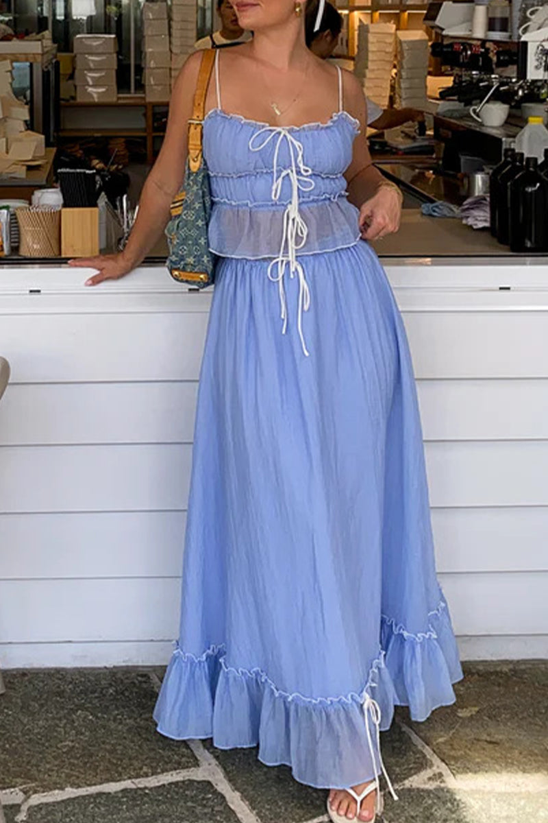 Ensemble deux pièces, élégant et doux, uni, avec pliage et nœud, décolleté en U, sans manches.