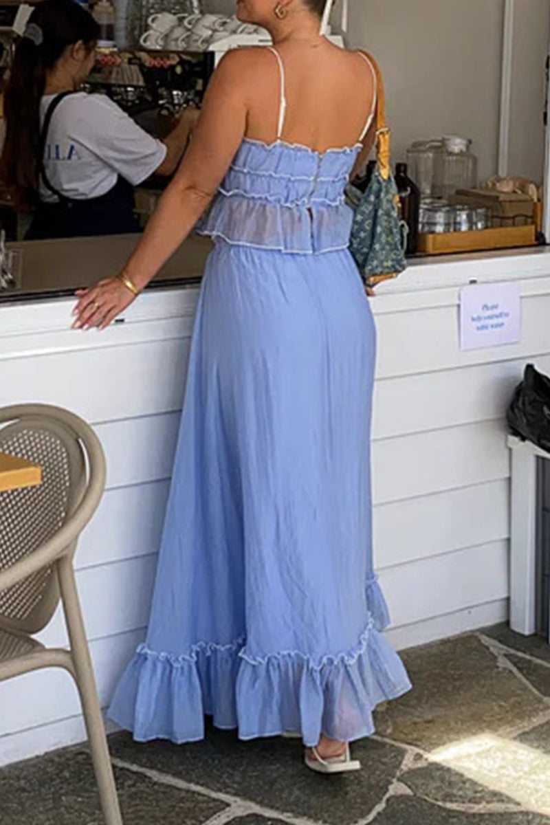 Ensemble deux pièces, élégant et doux, uni, avec pliage et nœud, décolleté en U, sans manches.