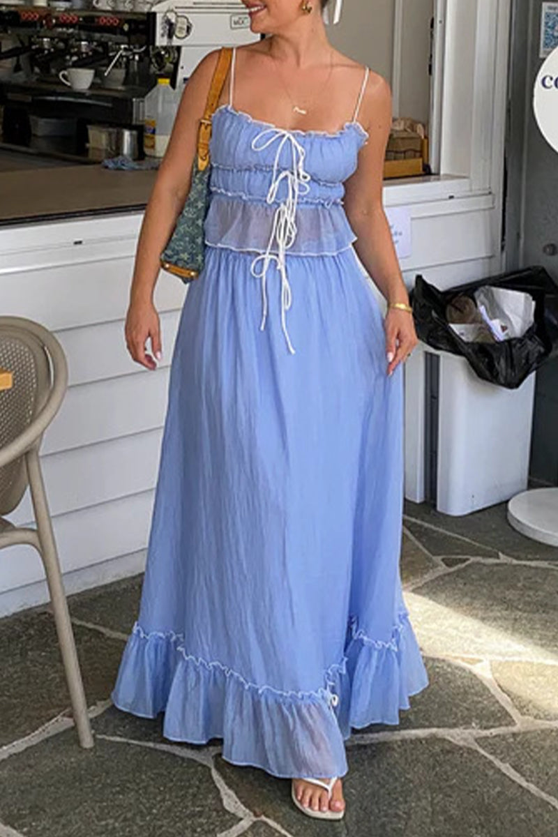 Ensemble deux pièces, élégant et doux, uni, avec pliage et nœud, décolleté en U, sans manches.