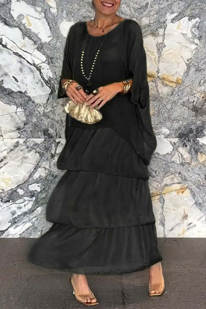 Elegant Solid Flounce Contrast O Neck Irregular Dresses(7 Colors)