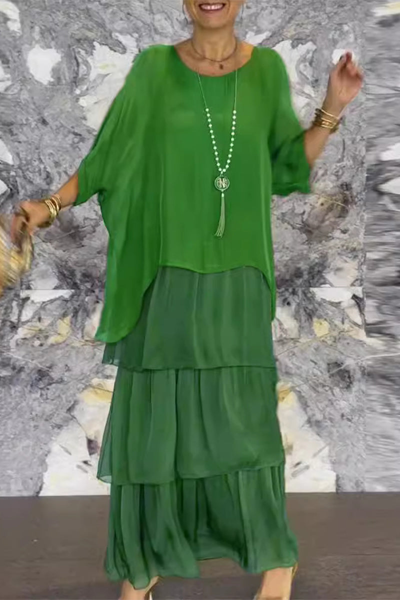 Elegant Solid Flounce Contrast O Neck Irregular Dresses(7 Colors)