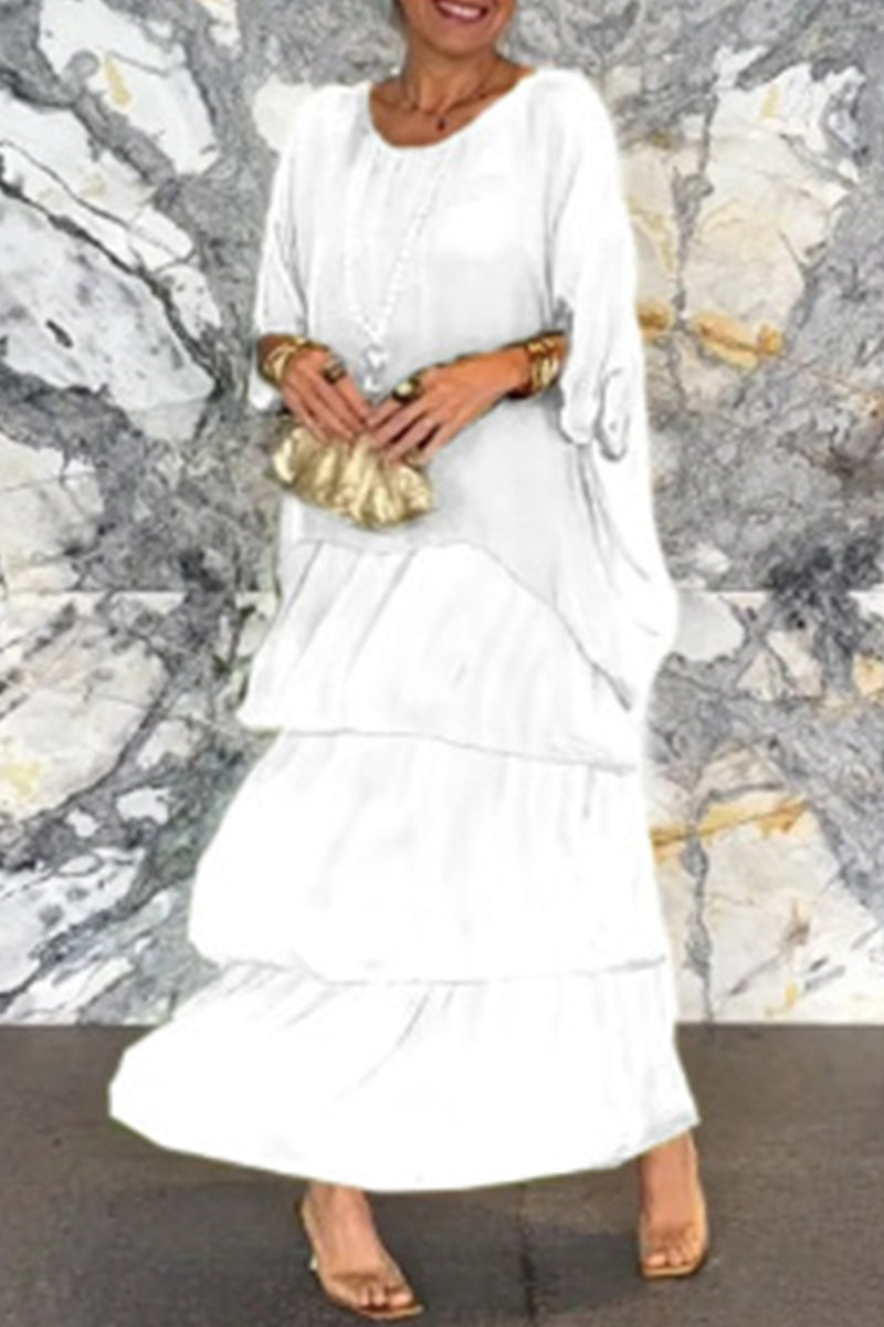 Elegant Solid Flounce Contrast O Neck Irregular Dresses(7 Colors)