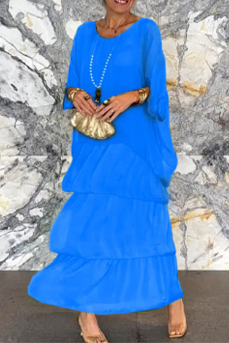 Elegant Solid Flounce Contrast O Neck Irregular Dresses(7 Colors)