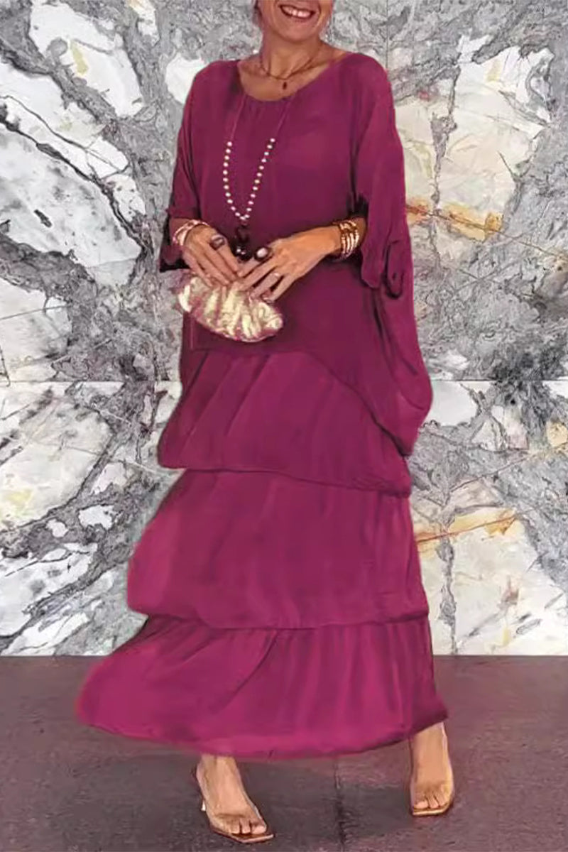 Elegant Solid Flounce Contrast O Neck Irregular Dresses(7 Colors)