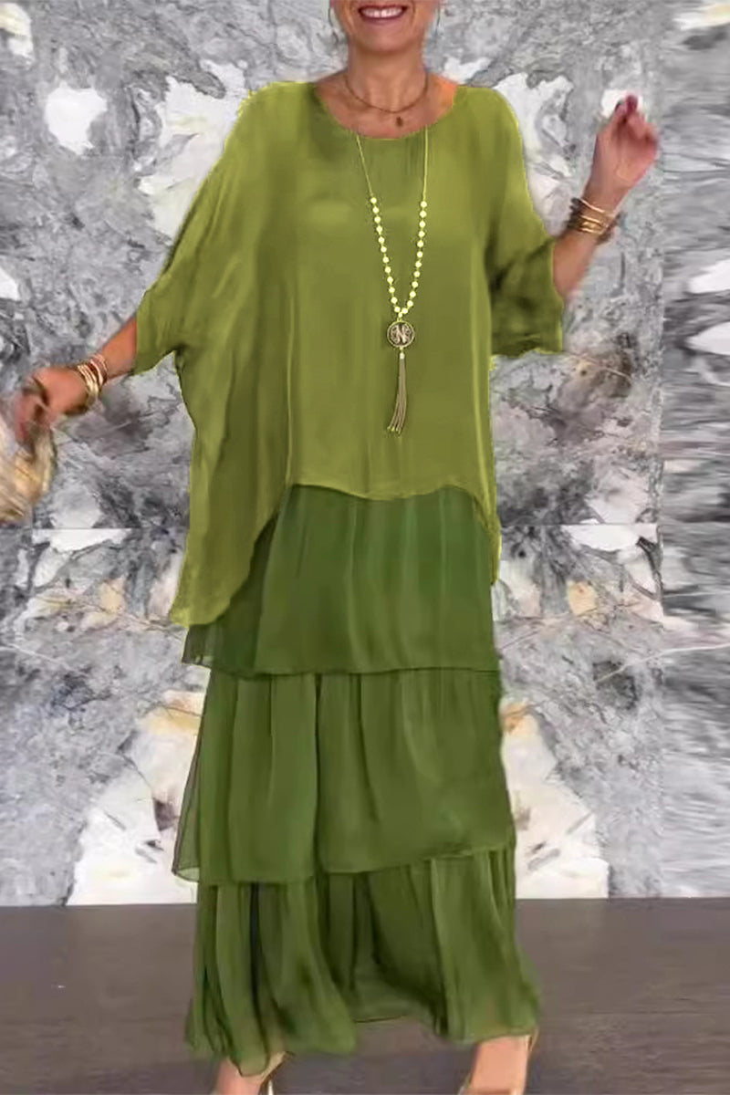 Elegant Solid Flounce Contrast O Neck Irregular Dresses(7 Colors)