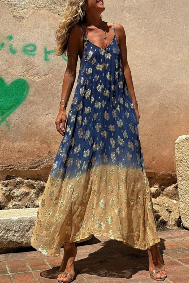 Sexy Gradient Print Contrast V Neck Sling Dresses(3 Colors)