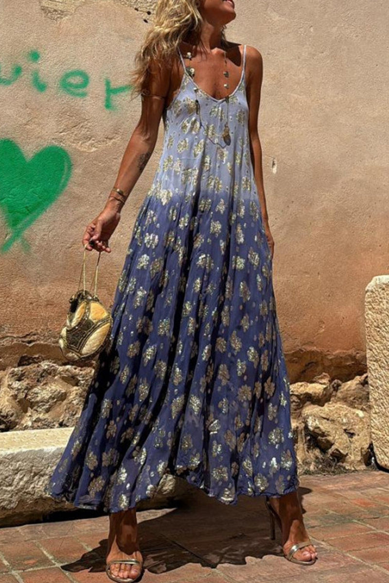 Sexy Gradient Print Contrast V Neck Sling Dresses(3 Colors)